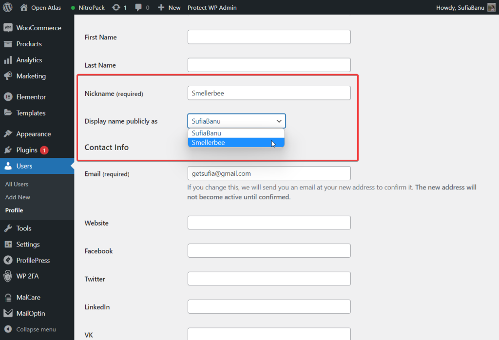 change wordpress display name