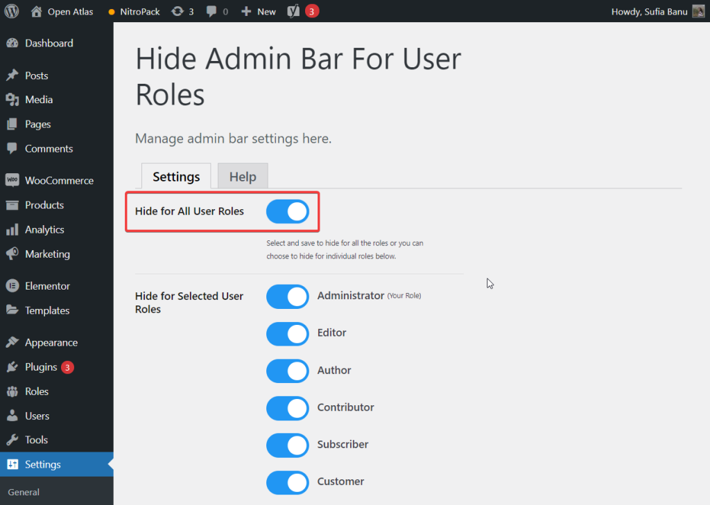 hide admin bar plugin hide all user roles