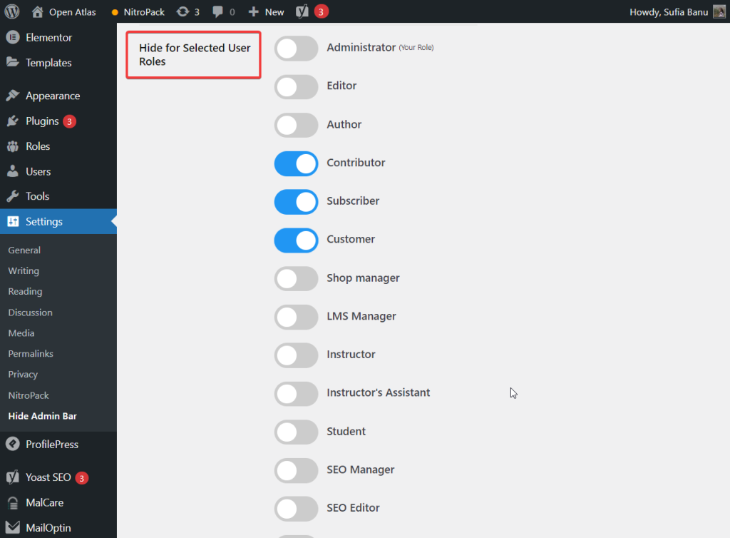 hide admin bar plugin select user roles