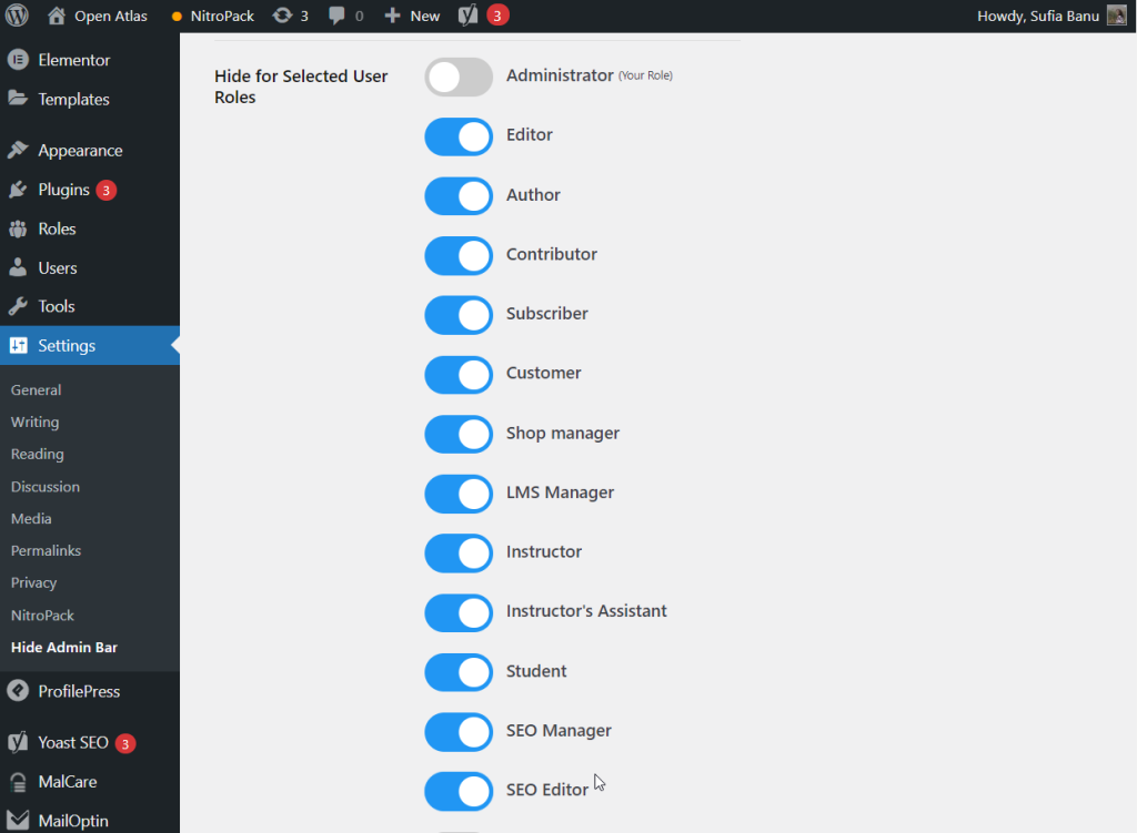 select roles hide admin bar plugins