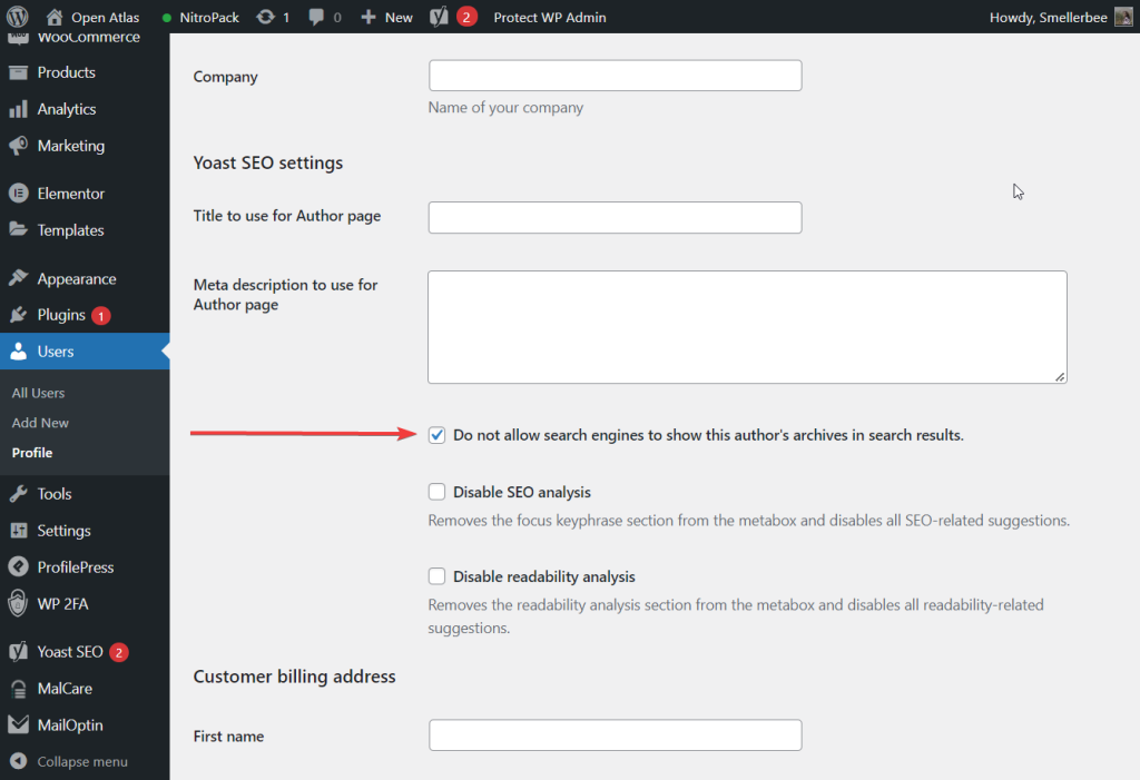 stop search engine from indexing user profile