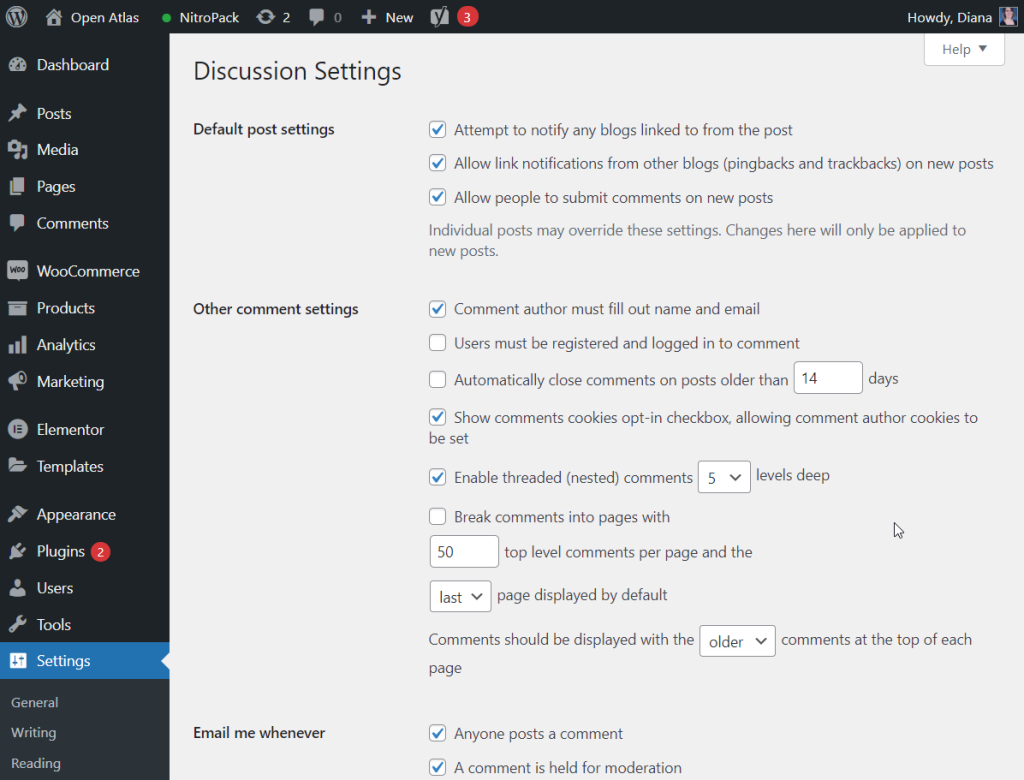 wordpress discussion settings