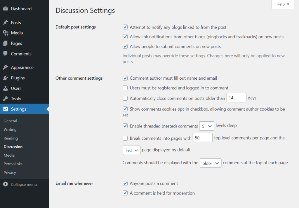 wordpress discussion settings