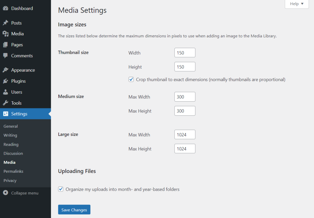 wordpress media setting