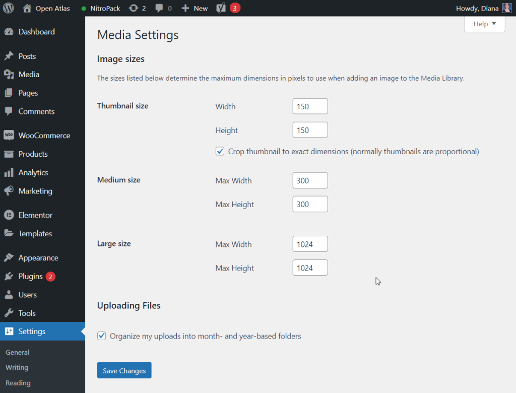 wordpress media settings