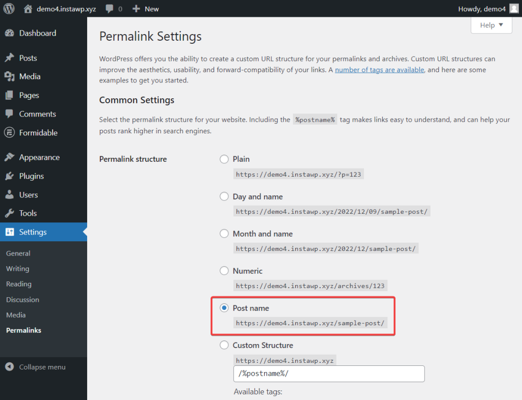 wordpress permalink settings page