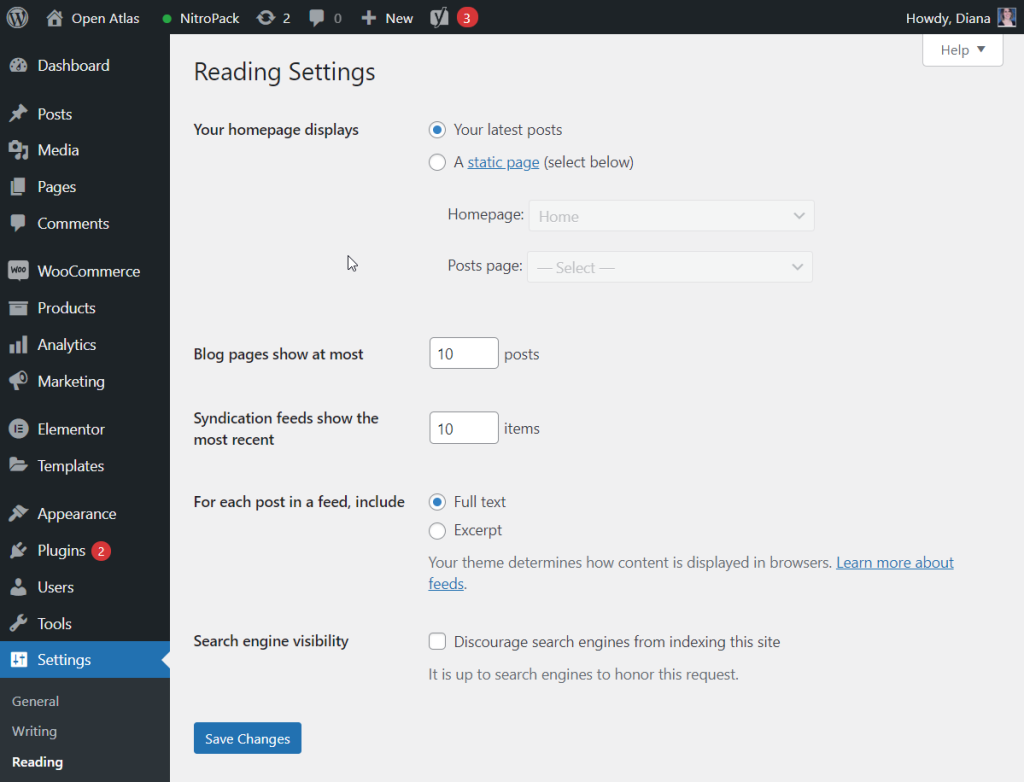 wordpress reading settings