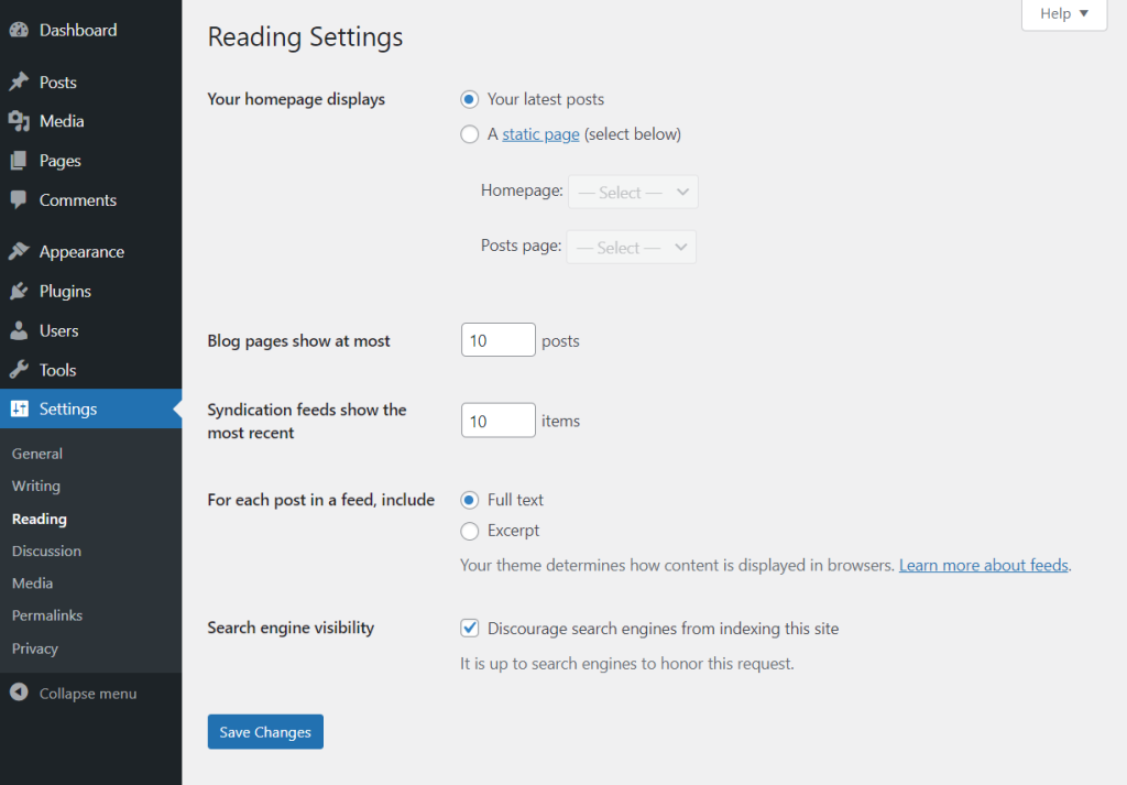 wordpress reading settings