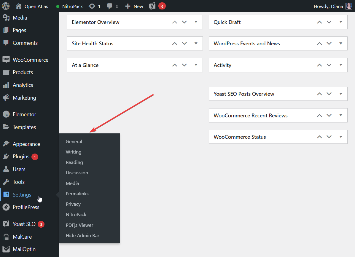 wordpress settings menu