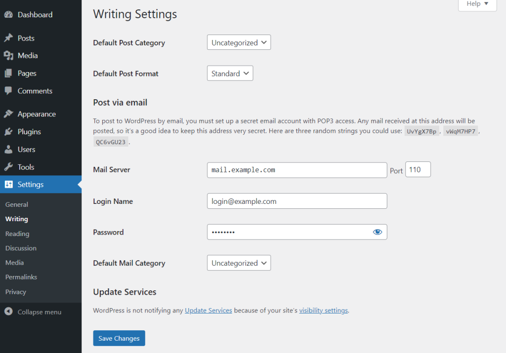 wordpress writing setting