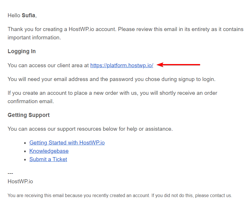 hostwp.io welcome email