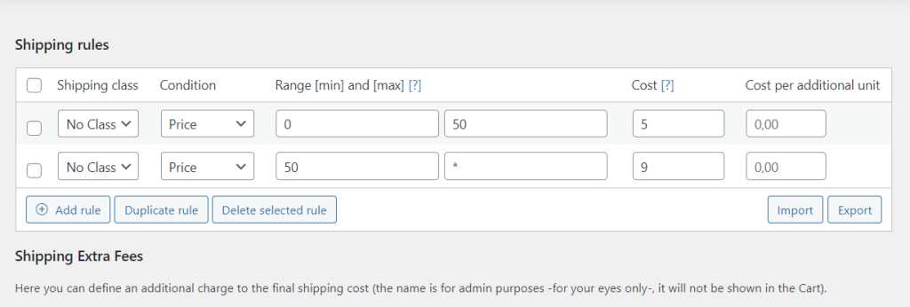 shipping rules condition based on price