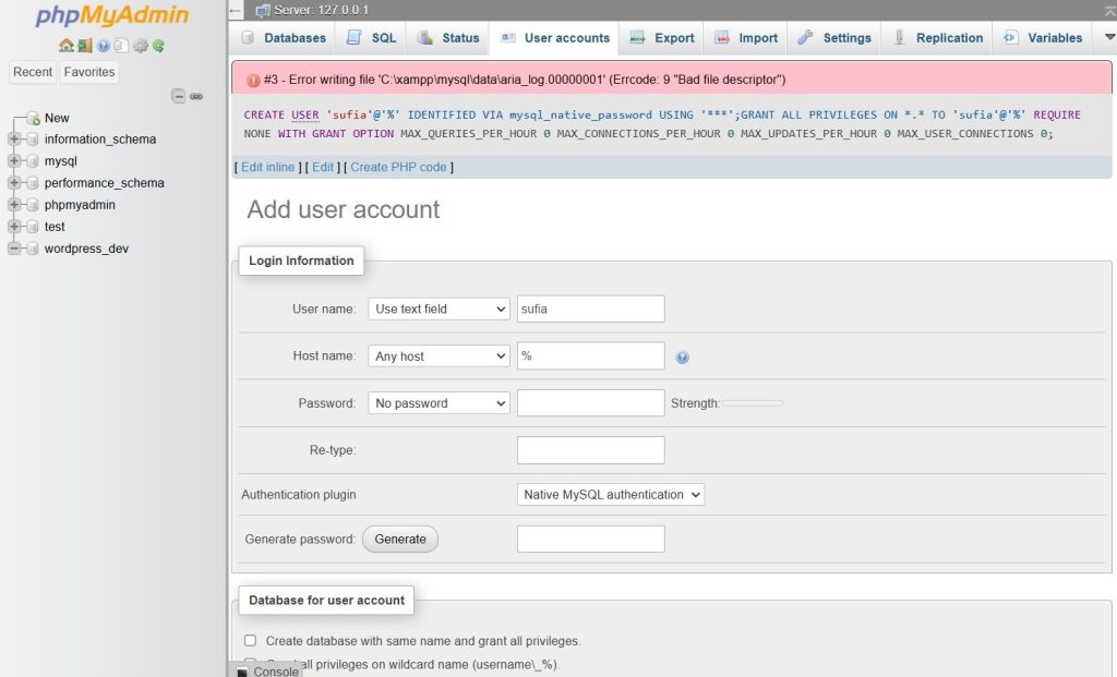 add user account phpmyadmin