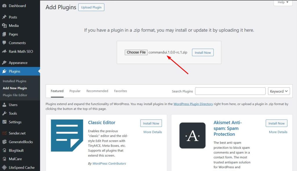 installing commandui plugin into wordpress