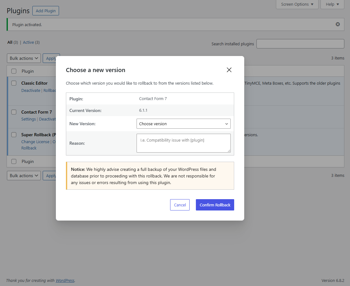 super rollback plugin in action on wordpress dashboard