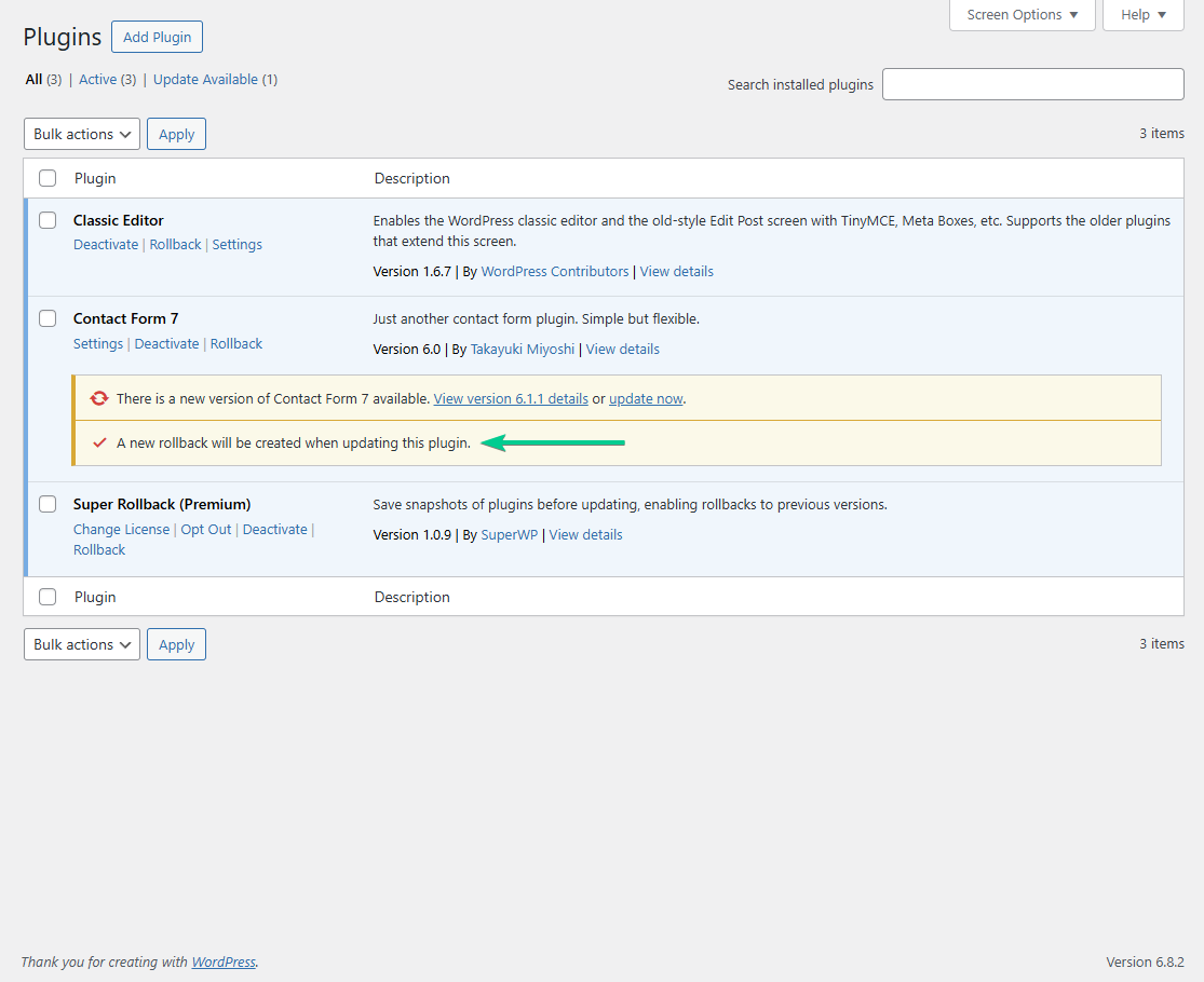 super rollback plugin - rollback will be created when updating a plugin