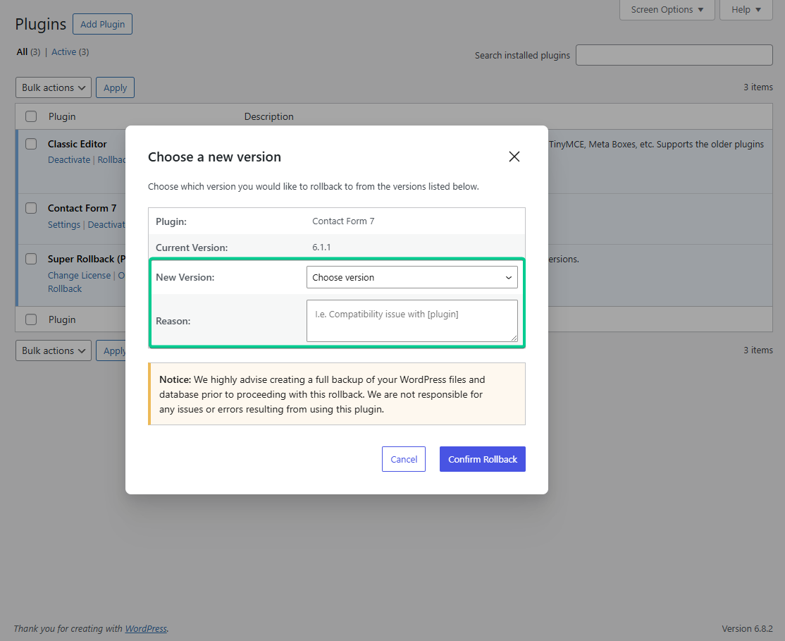 super rollback plugin - rolling back, adding note