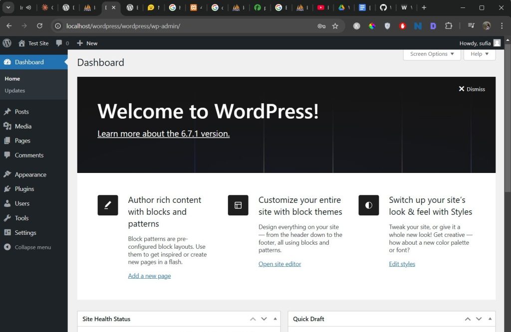 wordpress dashboard after installation