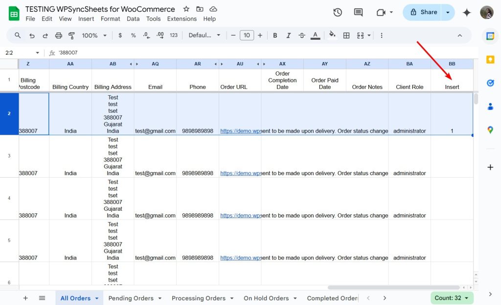 insert data column in google sheets