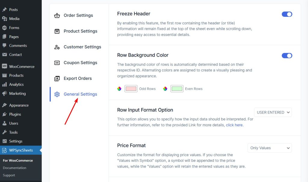 wpsyncsheets for woocommerce general settings page