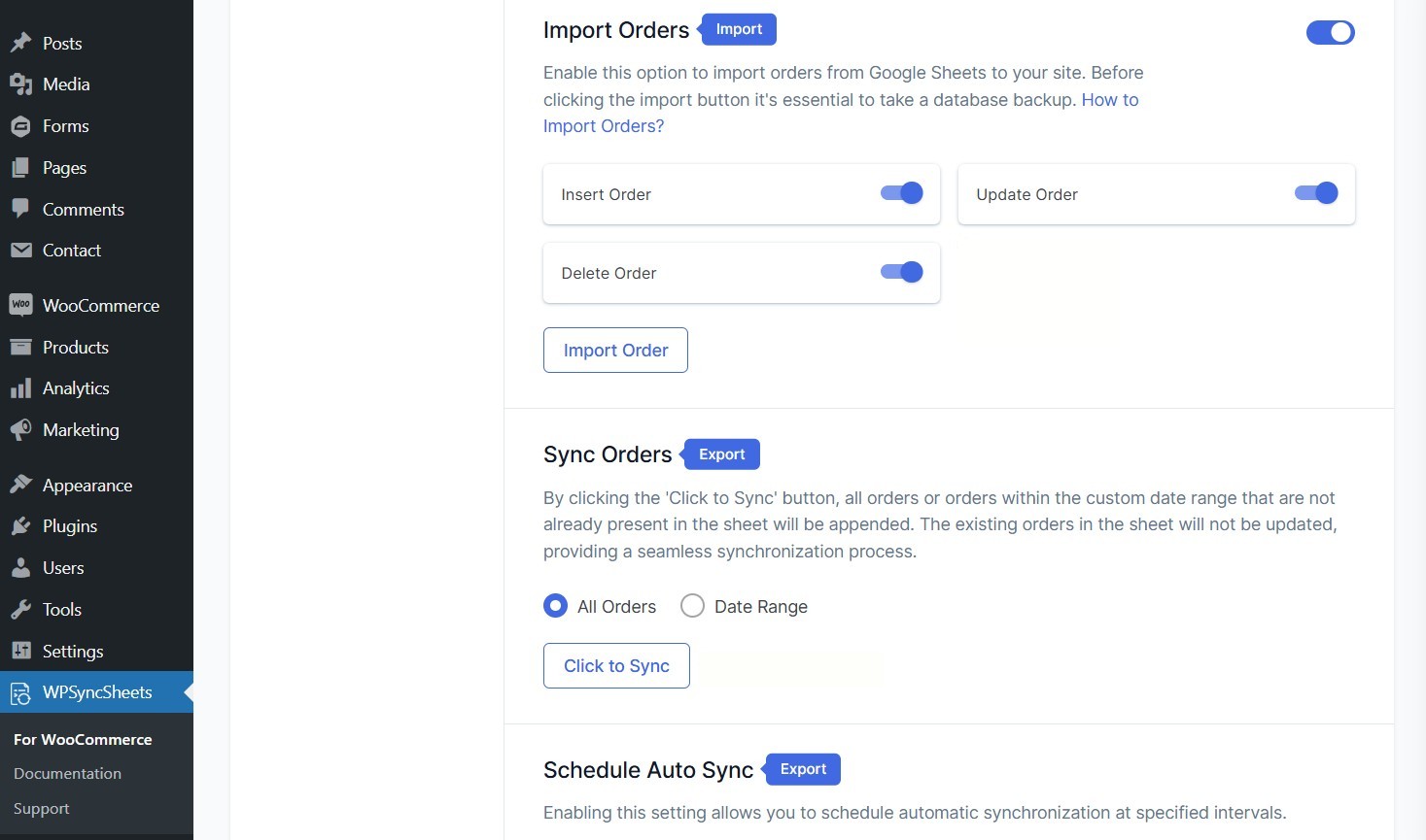 wpsyncsheets for woocommerce import and sync orders options