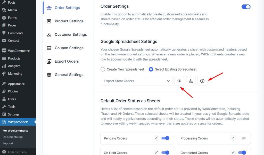 wpsyncsheets for woocommerce open or download google sheets