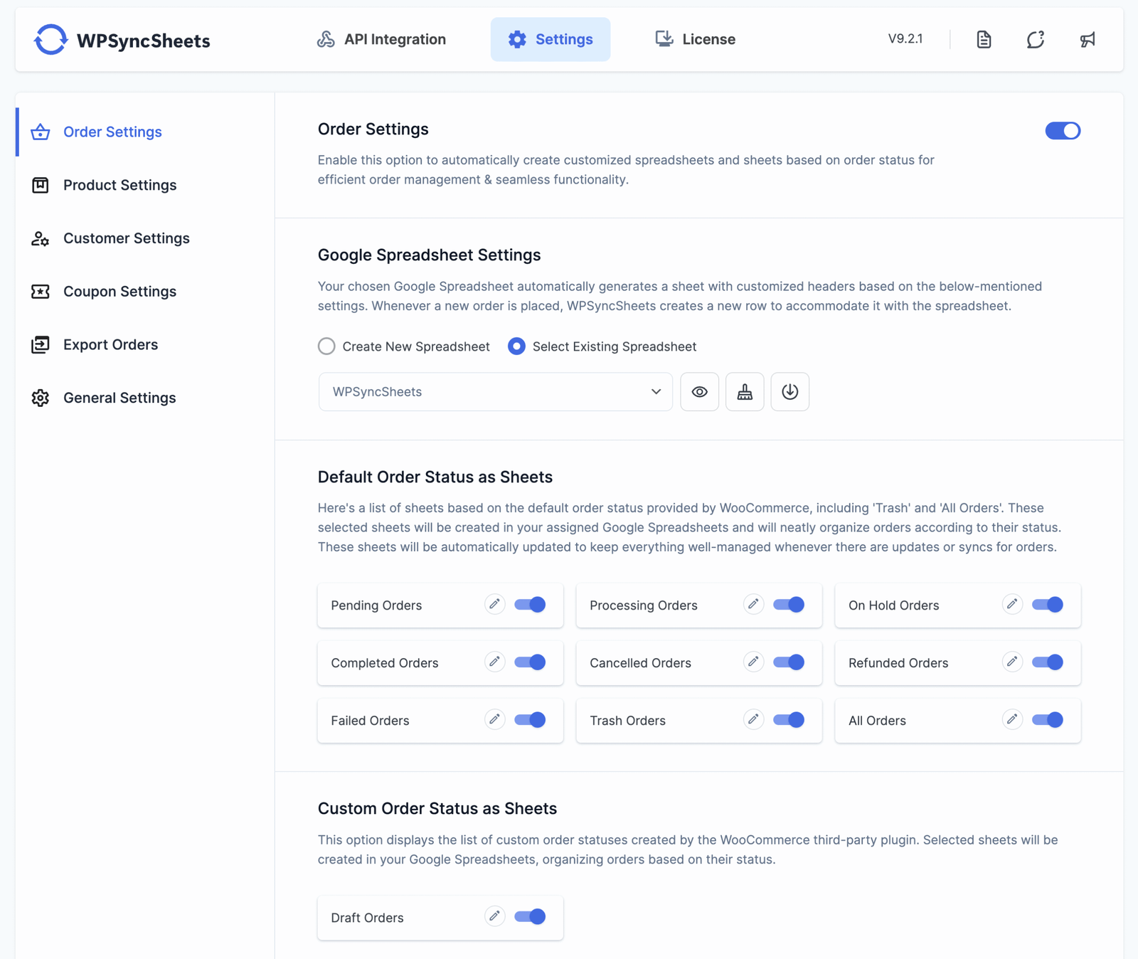 wpsyncsheets for woocommerce order setting page