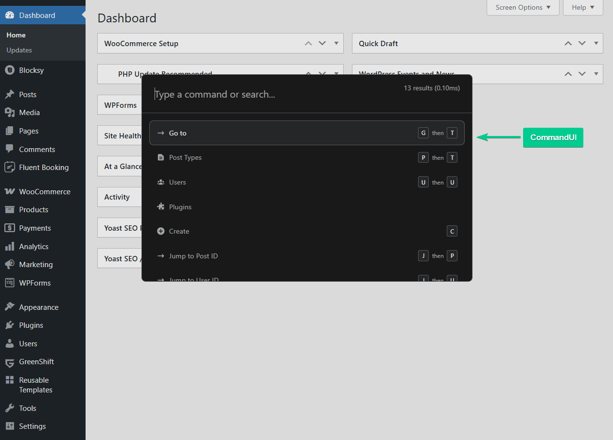 commandui command bar on wp dashboard
