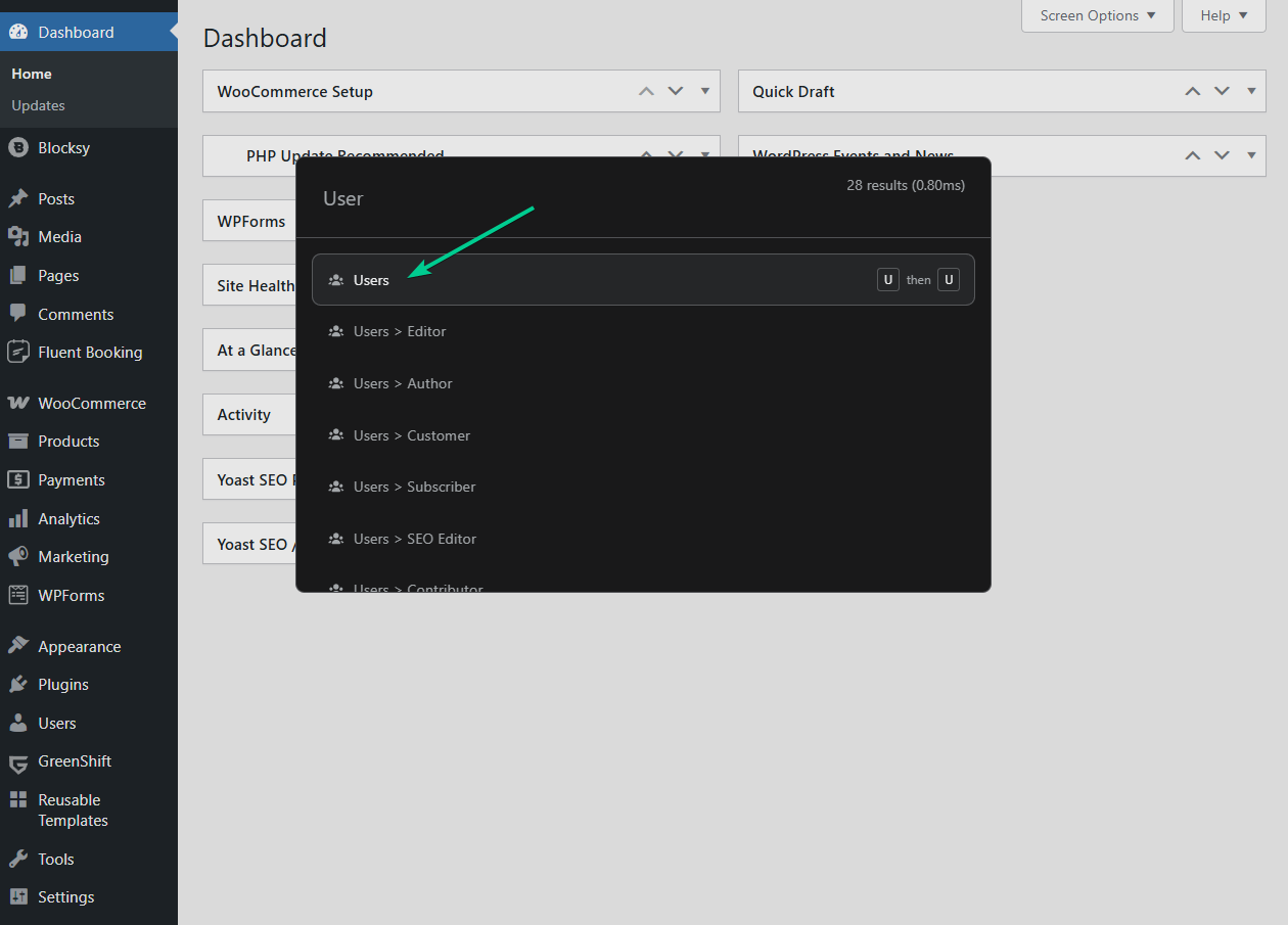 go to wordpress users with commandui