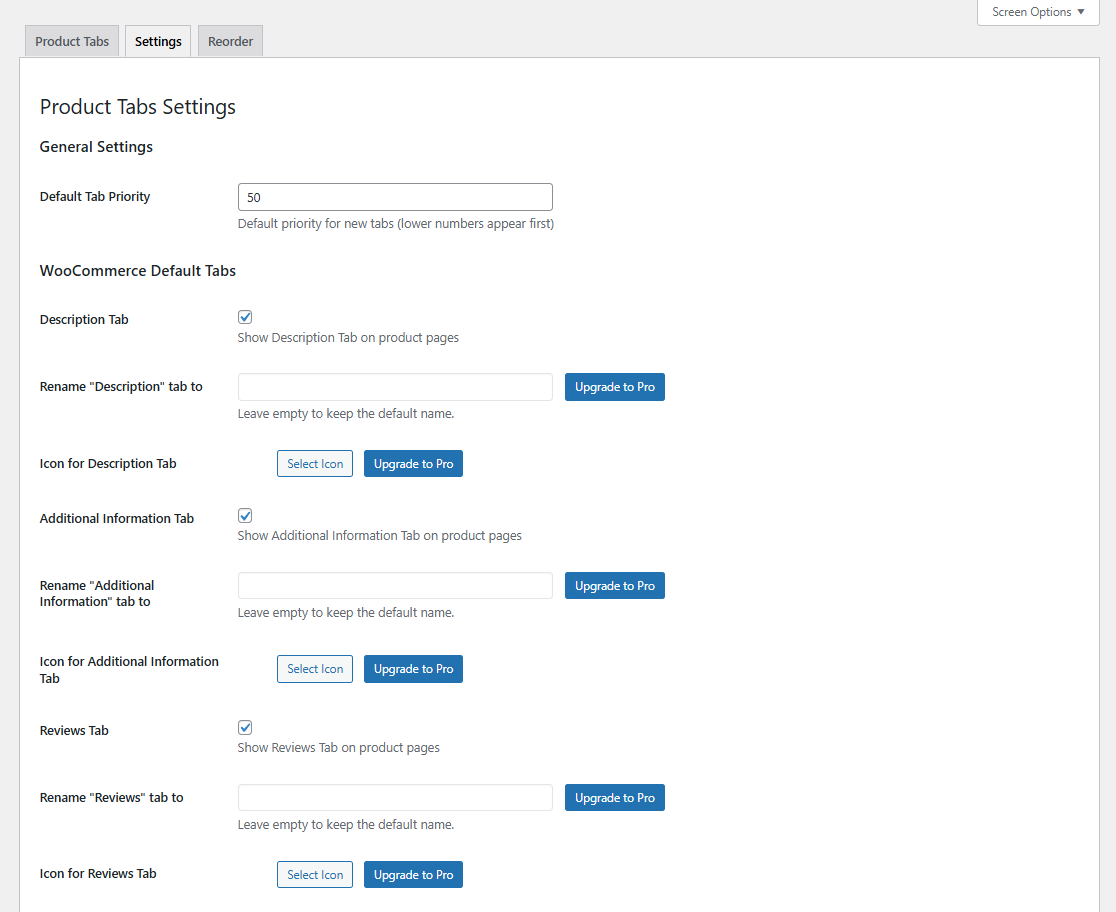 free product tabs for woocommerce plugin dashboard