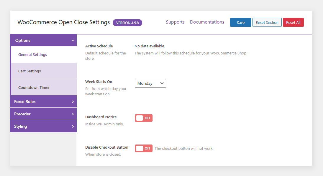 open close store for woocommerce free plugin dashboard